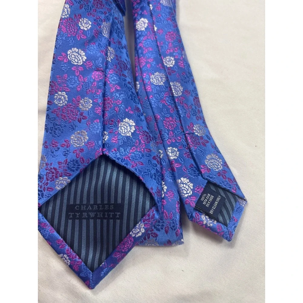Charles Tyrwhitt Silk Tie Blue Purple Silver Floral Jacquard Mens Necktie